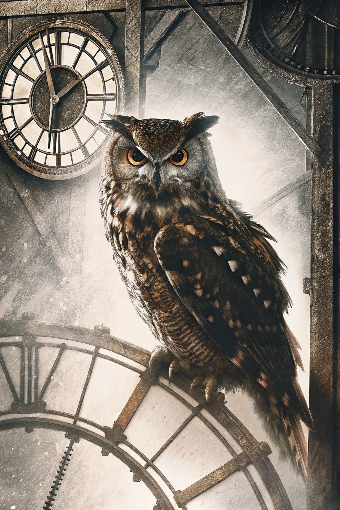 Owl made of brass gears and cogs, glowing lens eyes, steampunk aesthetic, clock tower setting, mechanical creature.