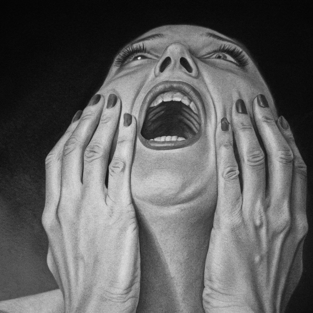 A dramatic, monochromatic drawing shows a person screaming in a state of terror or agony, looking up into a deep black background. Their eyes are rolled back, appearing to have multiple pupils, and their mouth is wide open in a silent scream. Their hands clutch at their face, pulling at their cheeks with fingers that have long, sharp nails. The contrast is stark, with the subject's face and hands illuminated against the darkness, creating a powerful sense of psychological distress and surreal horror.