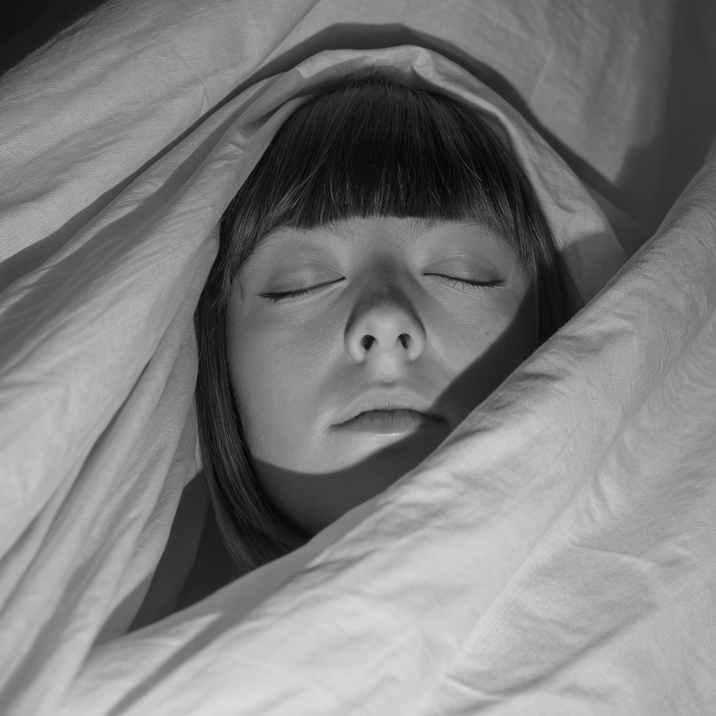 A high-contrast, black-and-white portrait of a person with pale, doll-like features and a short fringe. Their face is illuminated from below, creating a stark, dramatic effect. Their eyes are closed, and their head is tilted slightly forward, as if in a state of quiet contemplation or sadness. The majority of the image is shrouded in deep black, with only the face and hair visible, giving it a sense of isolation and mystery.