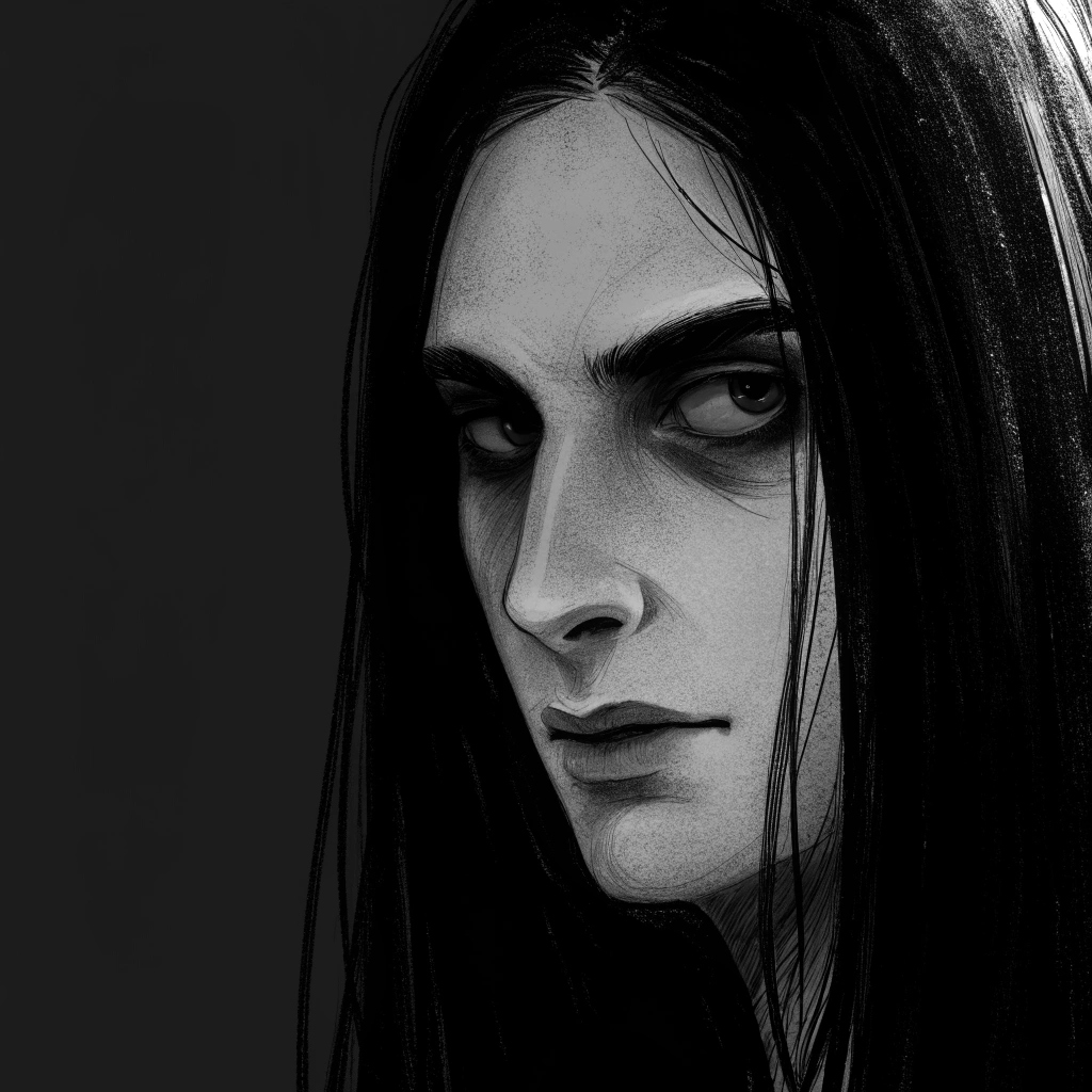 dark weird pfp aesthetic | A stylized, high-contrast digital illustration of a person with long, black hair and pale skin against a stark red background. The style is reminiscent of a comic book or anime with a dark, moody feel. The subject has dark, dramatic eye makeup, and their eyes are a striking red color, creating an intense, piercing gaze. Their expression is serious and direct, adding to the mysterious and gothic aesthetic.