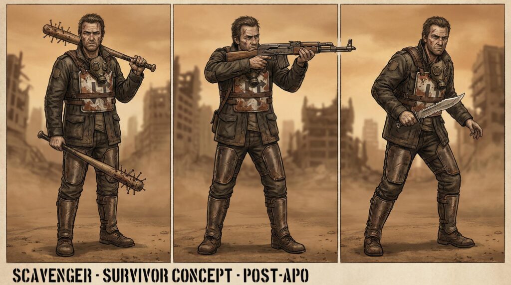 Create a post-apocalyptic scavenger character design showing survivor in rugged patched clothing, makeshift armor from scrap metal and leather, weathered gas mask hanging at neck, determined expression, visible scars showing hardship. Display character in front view with three weapon variation poses: holding baseball bat with nails, aiming makeshift rifle, and wielding survival knife. Gritty realistic art style with detailed weathering and texture. Dusty wasteland background. Character concept suitable for post-apocalyptic game or graphic novel.